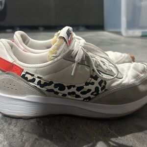 Nike Women’s Waffle Debut White Sneakers with Leopard Swoosh and Coral Heel